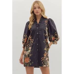 NEW ENTRO floral design button down dress in black multi